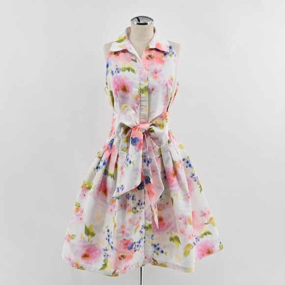 Sara Campbell Dresses & Skirts - Sara‎ Campbell Floral Fit Flare Dress Womens Size 6 White Pink Watercolor Garden
